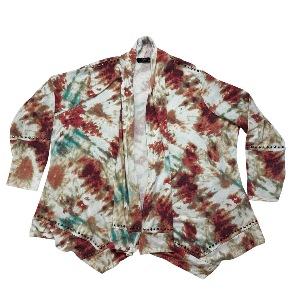 CYRUS WOMAN Tie Dye Studded Open Terry Knit Cardigan Size 3X Red Pink Green Whit - Picture 4 of 10